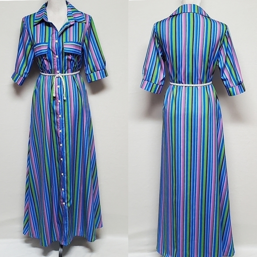 VINTAGE Boho Rainbow Striped Button Up Short Sleeve Full Skirt Belted Maxi Dress